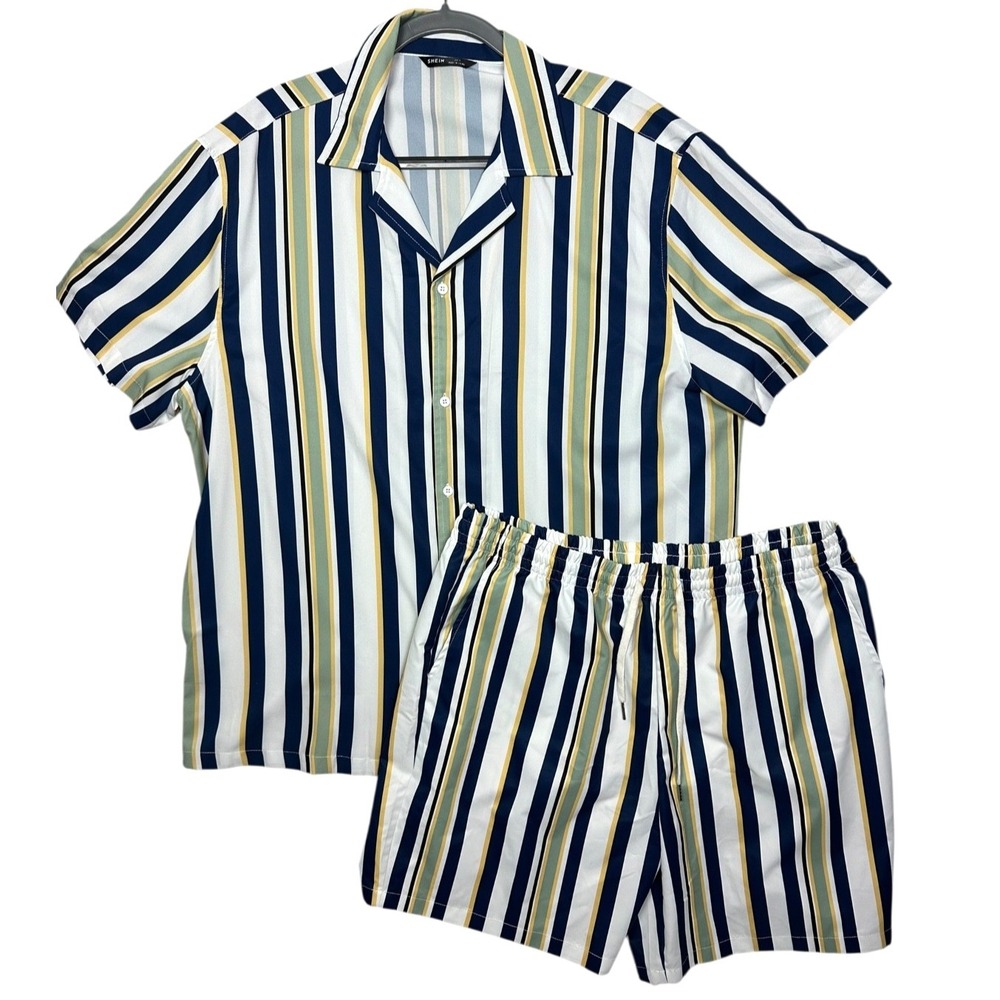 Shein Mens Size XL Shirt & Shorts Short Sleeve Navy,White, Green , Yellow Stripe